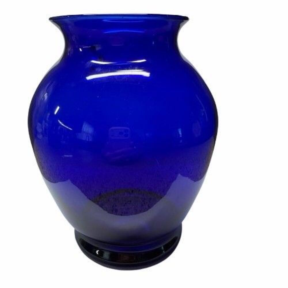 Vintage Cobalt Blue Glass Round Bud Vase Flower Vase 8" Heavy Art Glass